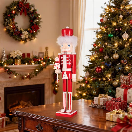 Glitzhome® 24.25" Wooden Christmas Peppermint Nutcracker